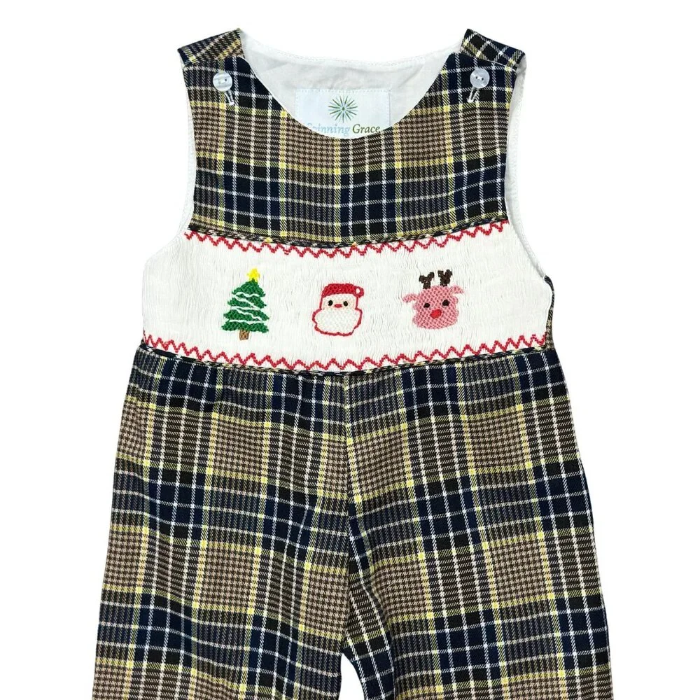 Christmas Plaid Smocked Jon Jon-Christmas Holiday Rompers - Picture 3 of 3